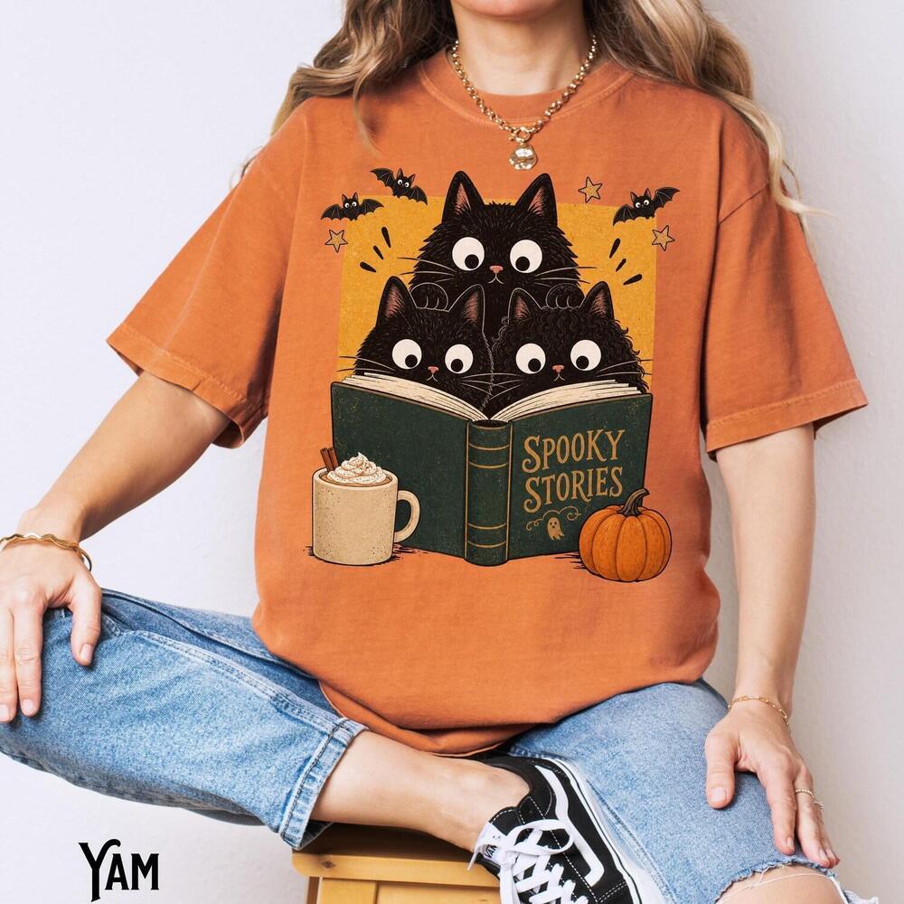 Black Cat Halloween Shirt, Spooky Stories, S, Book Lover, Funny Cat, Cozy